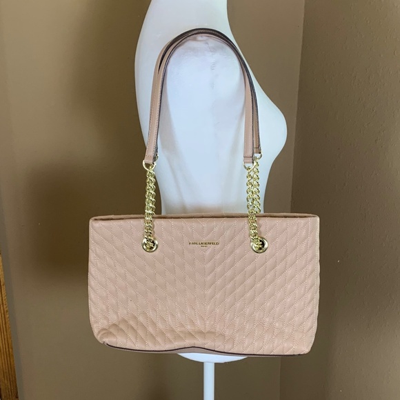 Karl Lagerfeld Paris Karolina Leather Tote Bag Tan Quilted Gold Chain Strap - Picture 1 of 15
